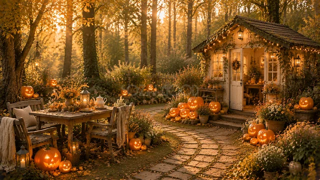 紅葉の森の小屋とかぼちゃを飾ったガーデン背景（高画質PNG）
