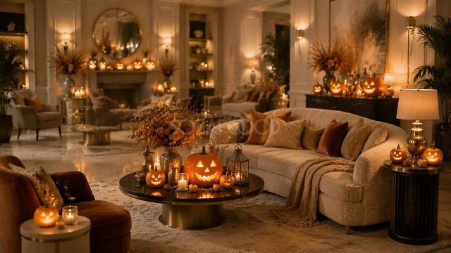 キャンドルとかぼちゃが灯る落ち着いたハロウィンリビング背景（高画質PNG）