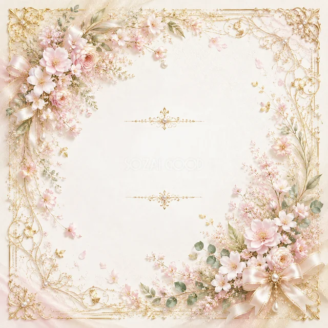 桜色の花と金色装飾の上品な花柄フレーム