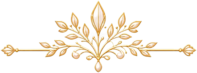 左右対称の葉を花束状に飾った金色の区切り線（背景透過PNG）