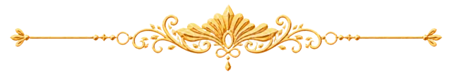 葉と花の曲線模様を中央に飾った金色の区切り線（背景透過PNG）