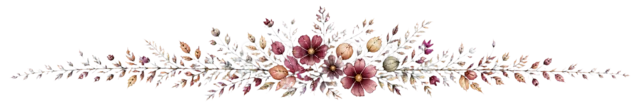 ワインレッドとくすみ紫の花を束ねた水彩ライン（背景透過PNG）
