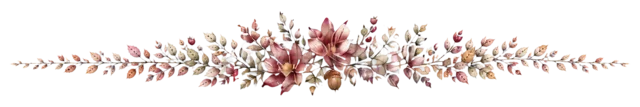 ワイン色の花とユーカリを横長に束ねた飾り罫（背景透過PNG）