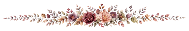 モーヴピンクの花と秋の実を束ねた水彩飾り罫（背景透過PNG）
