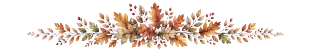 オレンジの紅葉と木の実を束ねた秋の水彩ライン（背景透過PNG）