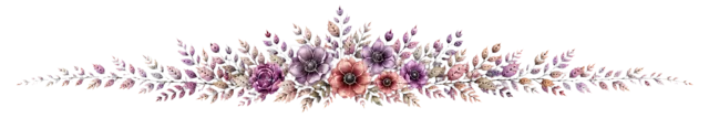 紫とピンクの秋花を華やかに束ねた飾り罫（背景透過PNG）