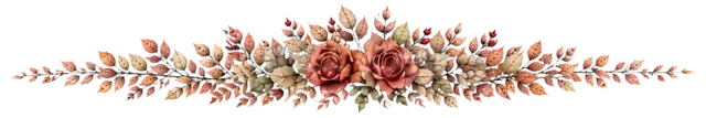 ボルドーとテラコッタの秋花を束ねた豪華な飾り罫（背景透過PNG）