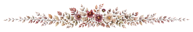 ボルドーの花とドライリーフを束ねた秋色ライン（背景透過PNG）