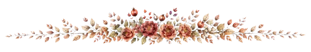 赤い秋花と細い葉を左右へ伸ばした水彩ライン（背景透過PNG）