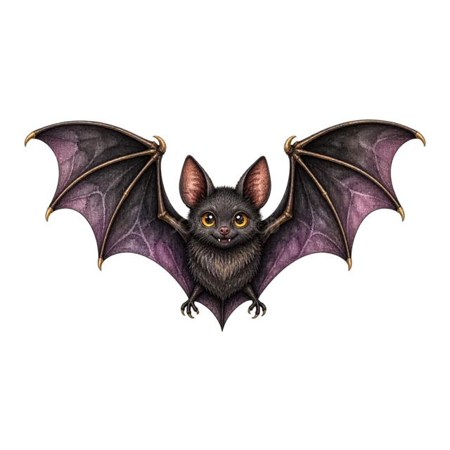 羽を広げて飛ぶ黒いコウモリの水彩ハロウィンイラスト（背景透過PNG）