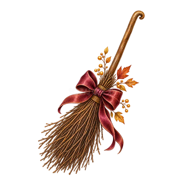 赤紫のリボンと紅葉を飾った魔女のほうきの水彩イラスト（背景透過PNG）