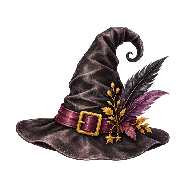 赤紫のリボンと羽根を飾った魔女帽子の水彩イラスト（背景透過PNG）
