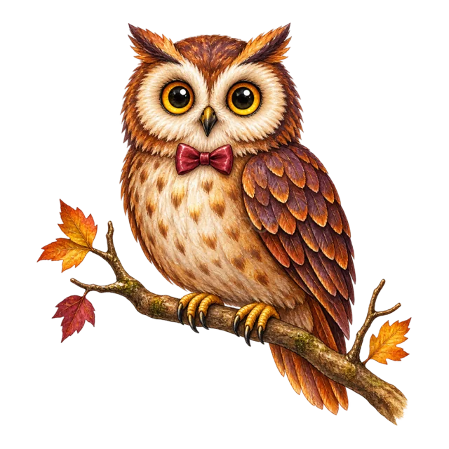 紅葉の枝に止まる蝶ネクタイ姿のフクロウの水彩イラスト（背景透過PNG）
