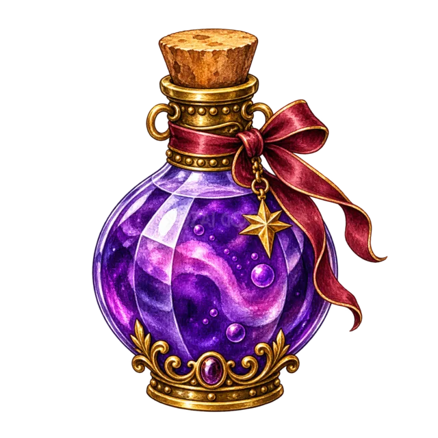 紫色に輝く魔法薬のガラス瓶の水彩イラスト（背景透過PNG）