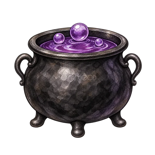 紫色の魔法薬が煮立つ黒い大釜の水彩イラスト（背景透過PNG）