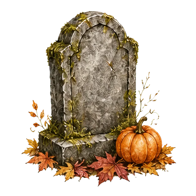 かぼちゃと紅葉を飾った古い墓石の水彩イラスト（背景透過PNG）