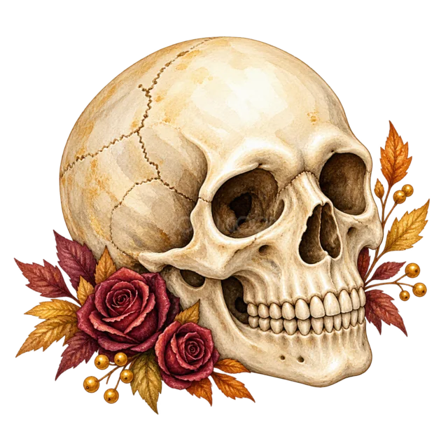 赤いバラと紅葉を添えたドクロの水彩ハロウィンイラスト（背景透過PNG）