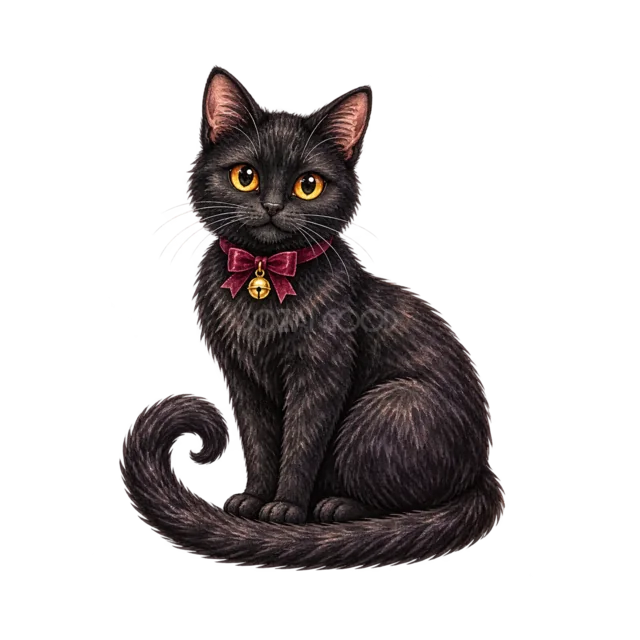 赤紫の蝶ネクタイを付けて座る黒猫の水彩イラスト（背景透過PNG）