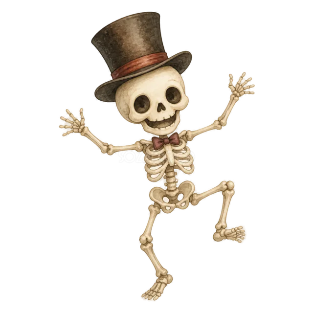 シルクハットをかぶって踊る骸骨の水彩ハロウィンイラスト（背景透過PNG）