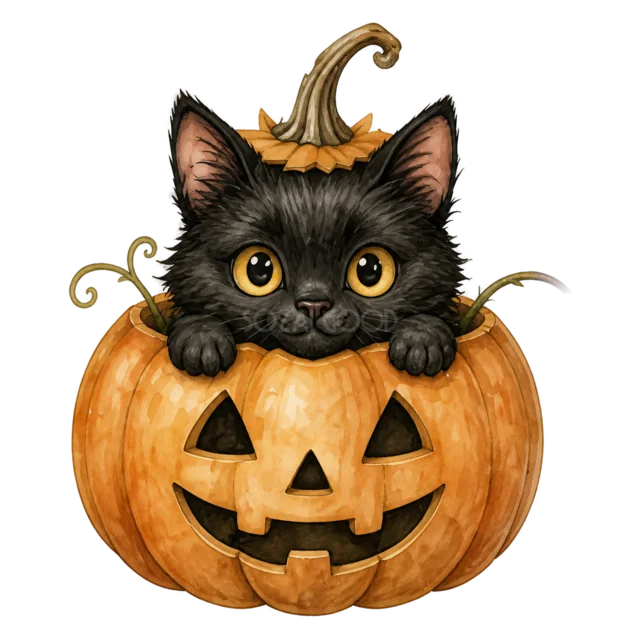 ジャックオランタンから顔を出す黒猫の水彩ハロウィンイラスト（背景透過PNG）