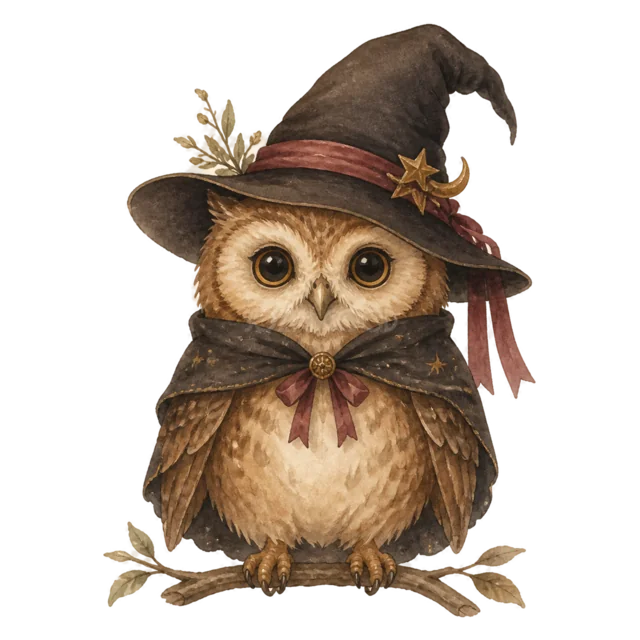 魔女帽子をかぶって枝に止まるフクロウの水彩イラスト（背景透過PNG）
