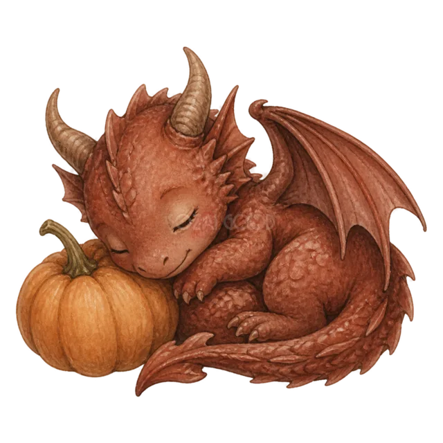 かぼちゃに寄り添って眠る赤いドラゴンの水彩イラスト（背景透過PNG）