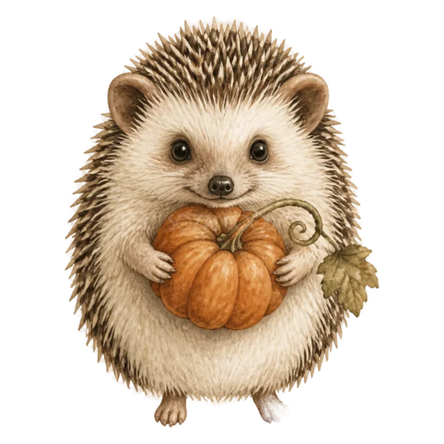 小さなかぼちゃを抱えるハリネズミの水彩ハロウィンイラスト（背景透過PNG）