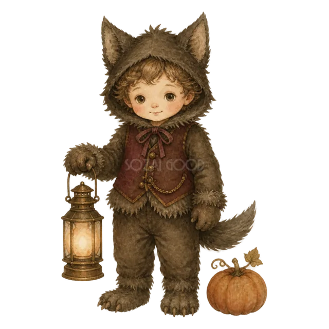 黒猫の仮装でランタンを持つ子どもの水彩ハロウィンイラスト（背景透過PNG）
