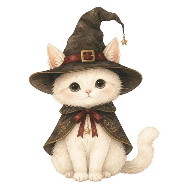 魔女帽子とマントを着た白猫の水彩ハロウィンイラスト（背景透過PNG）
