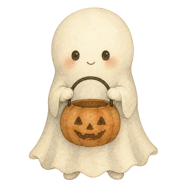 かぼちゃバケツを持つかわいい白いおばけの水彩イラスト（背景透過PNG）