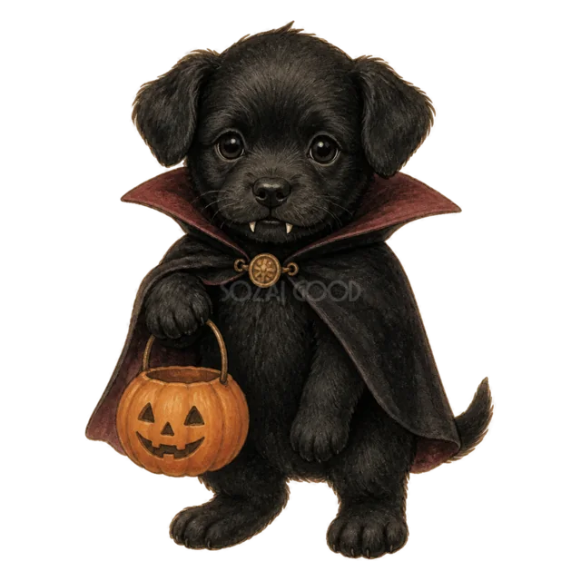 ドラキュラのマントでかぼちゃバケツを持つ黒い子犬の水彩イラスト（背景透過PNG）