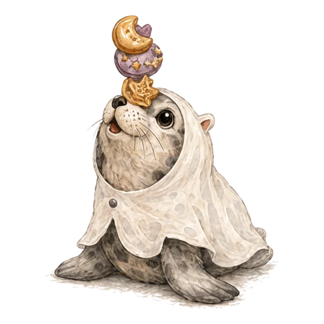 おばけの仮装でお菓子を鼻に乗せるアザラシの水彩イラスト（背景透過PNG）