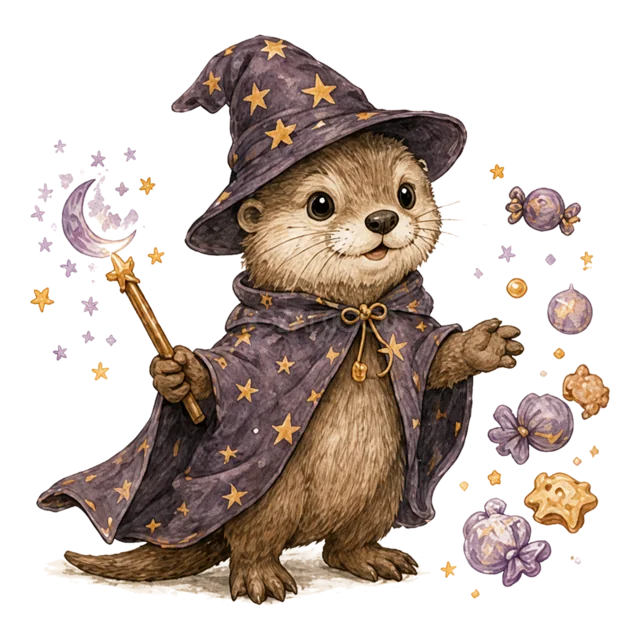 魔法使いの仮装で三日月の杖を振るミーアキャットの水彩イラスト（背景透過PNG）
