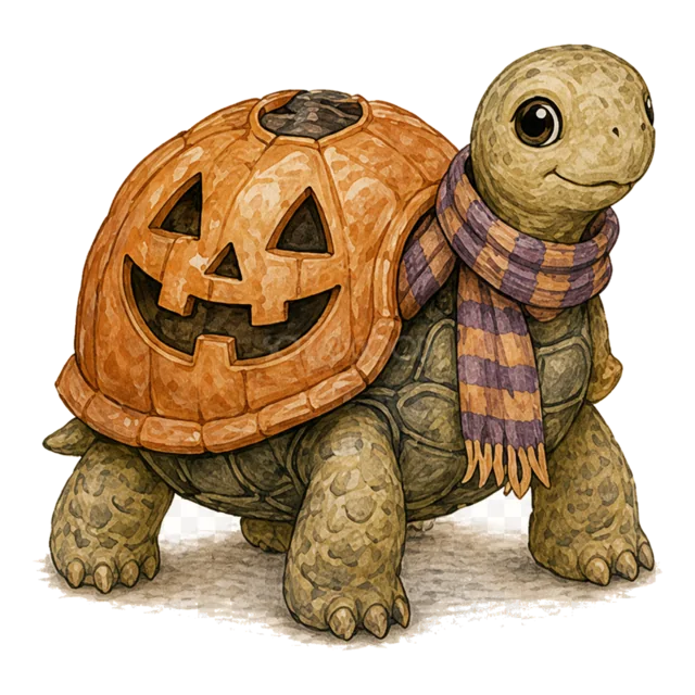 ジャックオランタンの甲羅を背負うカメの水彩ハロウィンイラスト（背景透過PNG）
