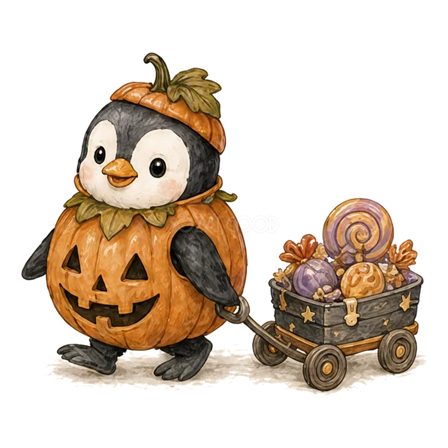 かぼちゃの仮装でお菓子のワゴンを引くペンギンの水彩イラスト（背景透過PNG）