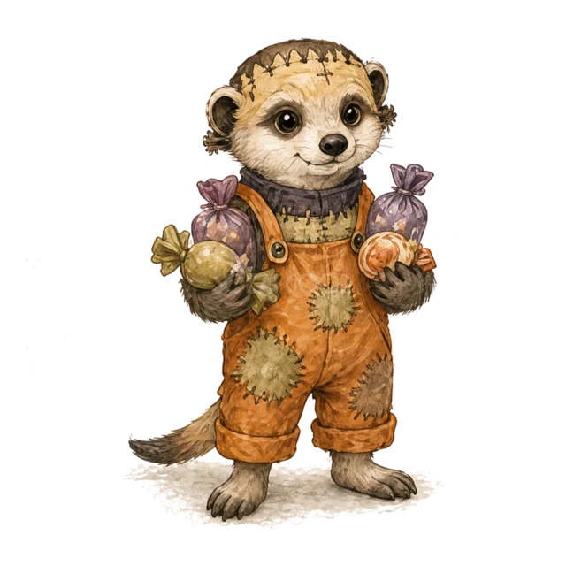 案山子の仮装でお菓子を持つカワウソの水彩イラスト（背景透過PNG）