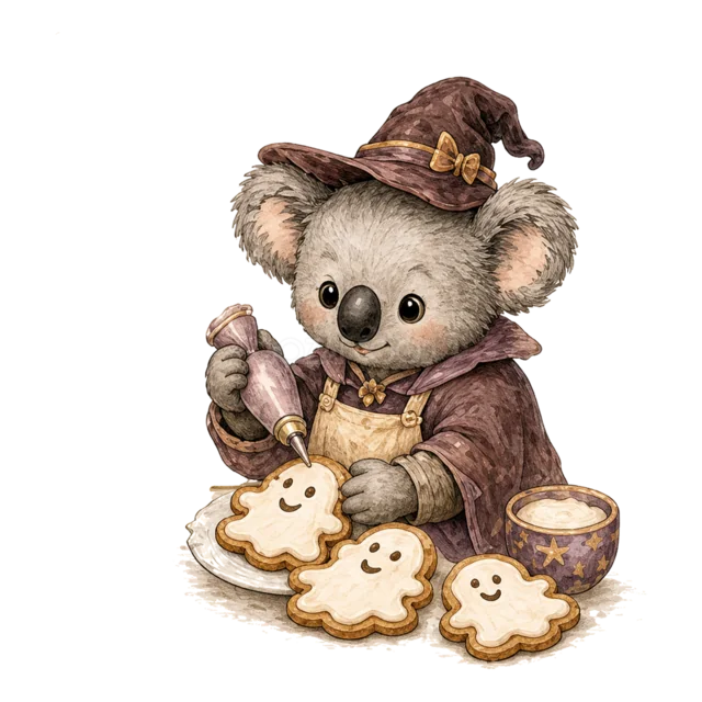 魔女の仮装でおばけクッキーを作るコアラの水彩イラスト（背景透過PNG）