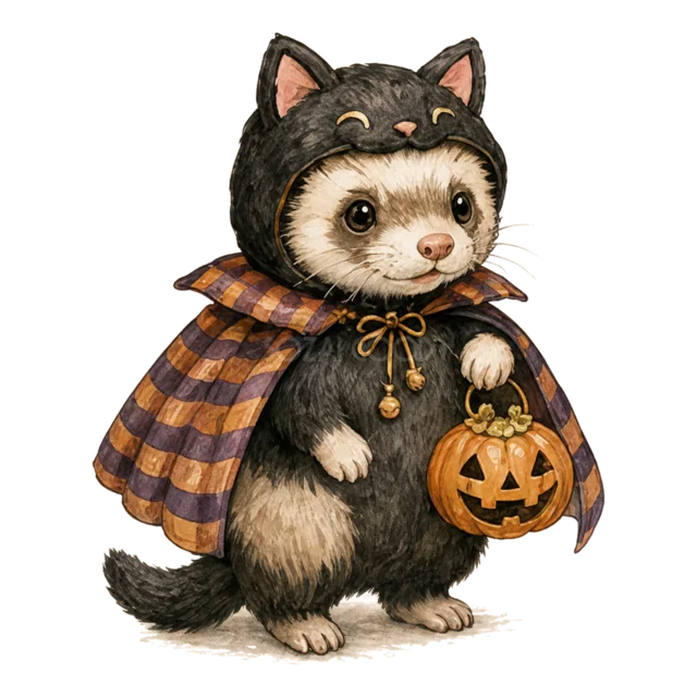 黒猫の仮装でかぼちゃバケツを持つフェレットの水彩イラスト（背景透過PNG）