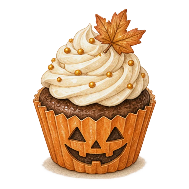 かぼちゃカップに入った紅葉飾りのハロウィンカップケーキ（背景透過PNG）