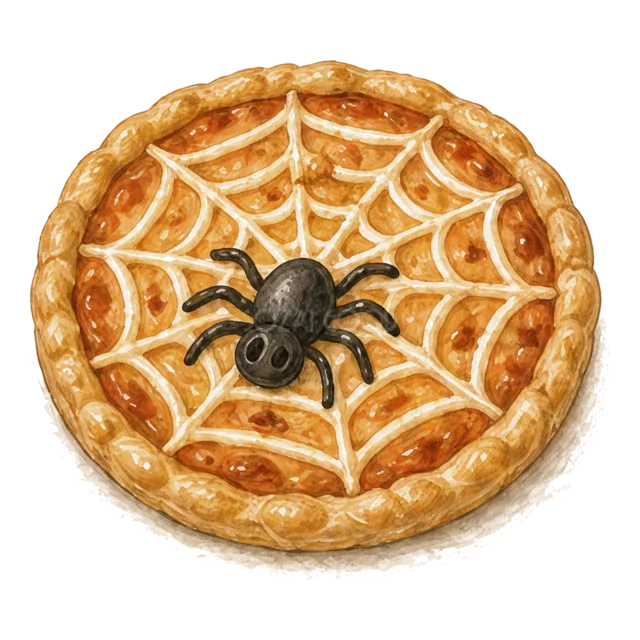 クモの巣と黒いクモを描いたハロウィンパイ（背景透過PNG）