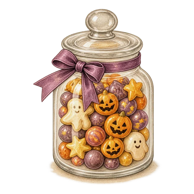 かぼちゃやおばけのお菓子を詰めたガラス瓶（背景透過PNG）