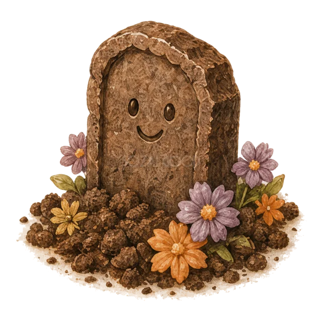花を飾った笑顔の墓石形チョコレートケーキ（背景透過PNG）