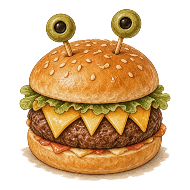 目玉を飾ったモンスター形ハロウィンバーガー（背景透過PNG）