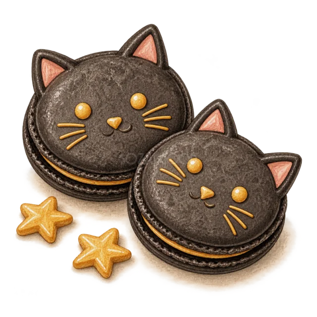 黒猫の顔を描いたハロウィンマカロン2個（背景透過PNG）