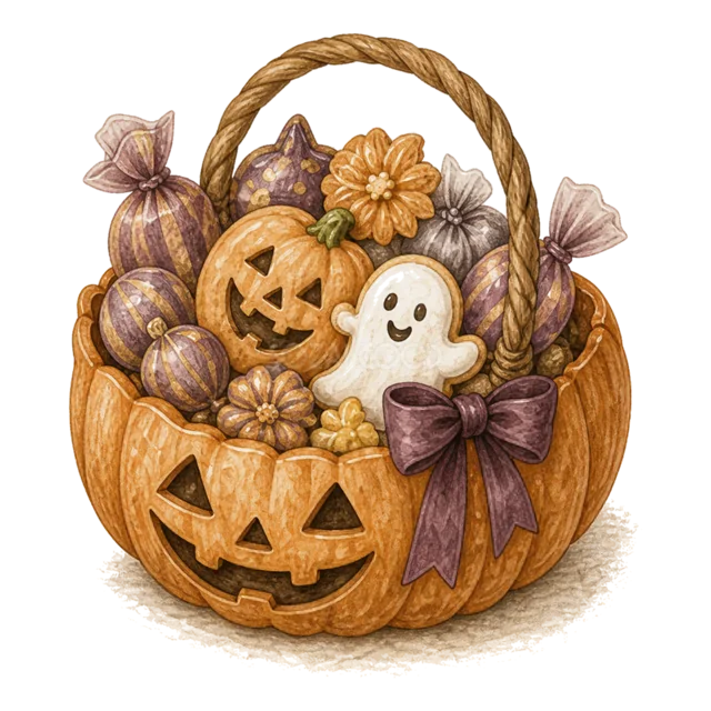 かぼちゃのバスケットに詰めたハロウィンのお菓子（背景透過PNG）
