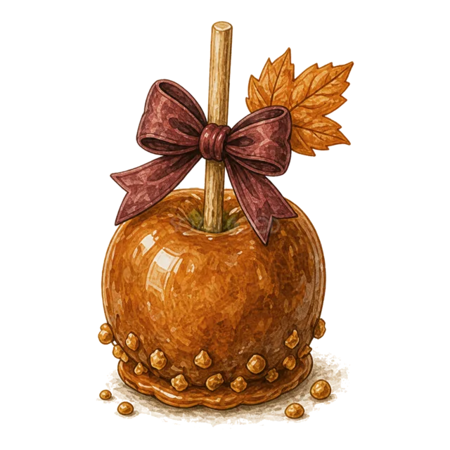 赤紫のリボンと紅葉を飾ったキャラメルアップル（背景透過PNG）