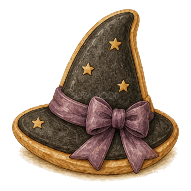 紫リボンと星を飾った魔女帽子形クッキー（背景透過PNG）