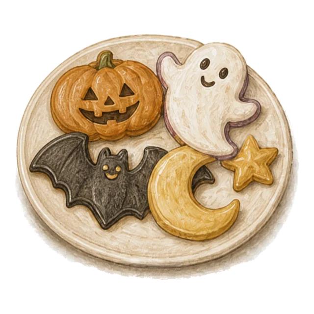 かぼちゃ・おばけ・コウモリ・月のハロウィンクッキー（背景透過PNG）