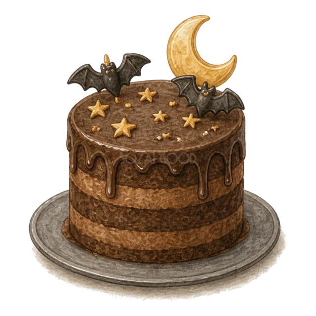 コウモリと三日月を飾ったハロウィンチョコレートケーキ（背景透過PNG）