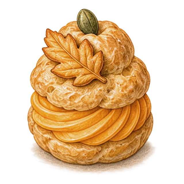 かぼちゃと紅葉を飾ったパンプキンクリームパフ（背景透過PNG）
